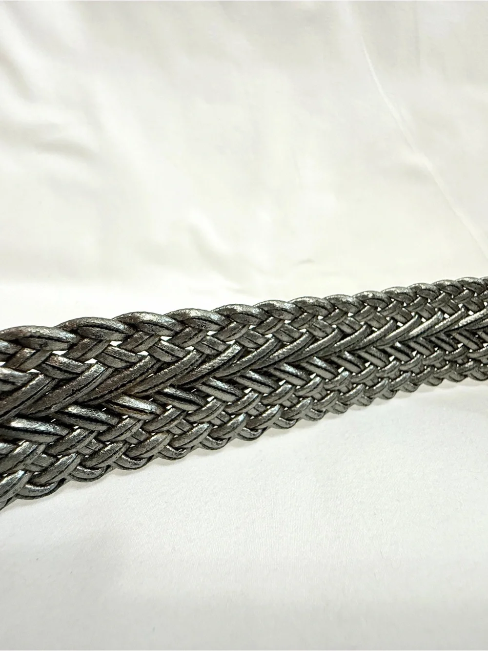 Vintage Metallic Silver Braided Belt Boho Woven Round Buckle S/M